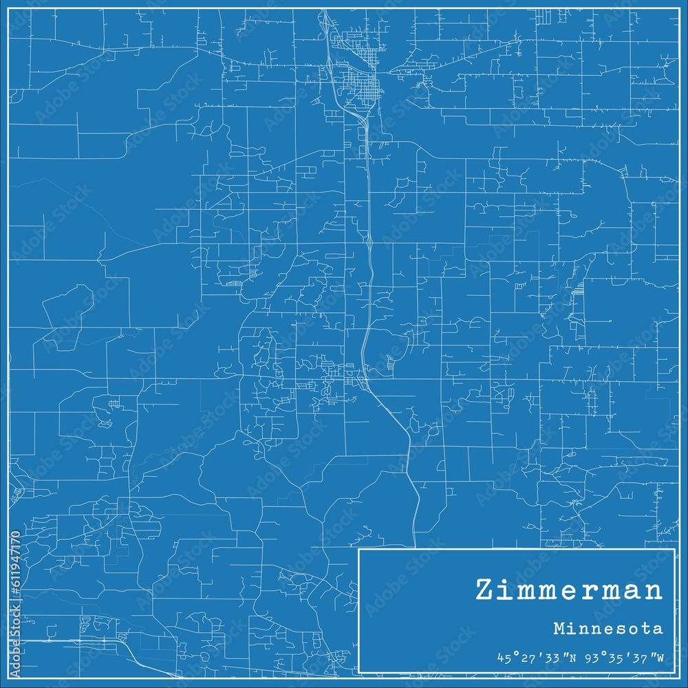 Blueprint US city map of Zimmerman, Minnesota.