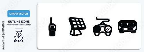 technology outline icons set. technology thin line icons pack included big walkie talkie, frontal solar panel, sega gamepad, kitchen timer vector.