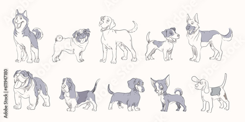 Set collection of breeds dog icon character hand drawing vector illustration. Isolated on white background.