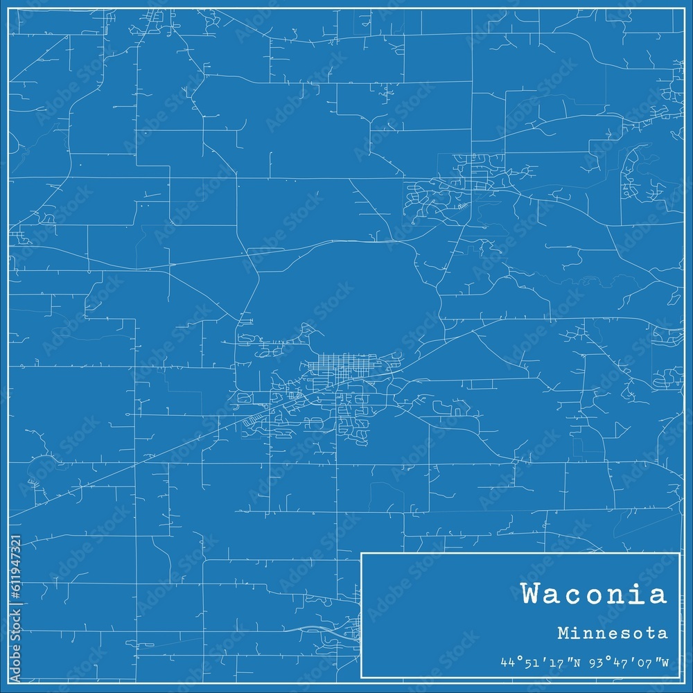 Blueprint US city map of Waconia, Minnesota.