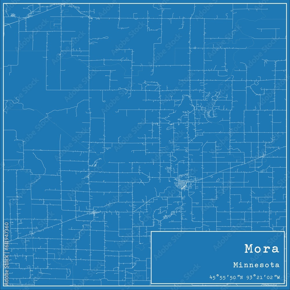 Blueprint US city map of Mora, Minnesota.