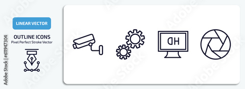 technology outline icons set. technology thin line icons pack included surveillance camera, services, hd monitor, camera shutter vector.