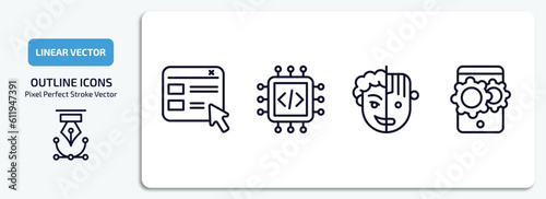 technology outline icons set. technology thin line icons pack included selector, embedding, humanoid robot, hybrid app vector.