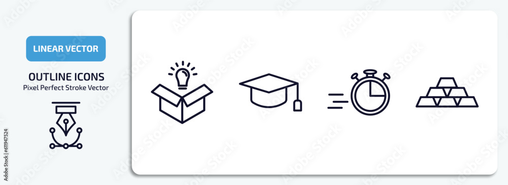success outline icons set. success thin line icons pack included new product, mortarboard, quick, gold ingots vector.