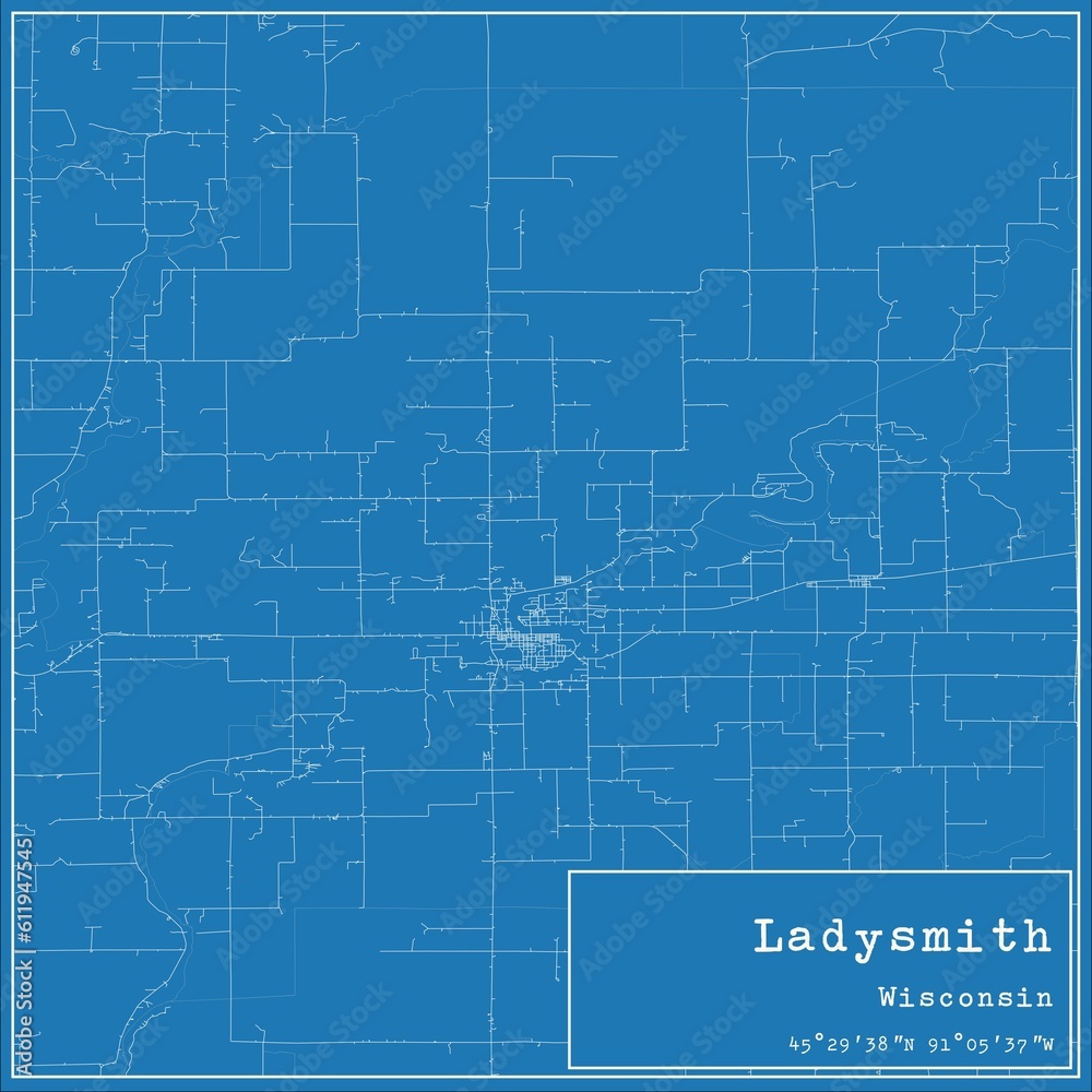 Blueprint US city map of Ladysmith, Wisconsin. Blueprint US city map of Ladysmith, Wisconsin.