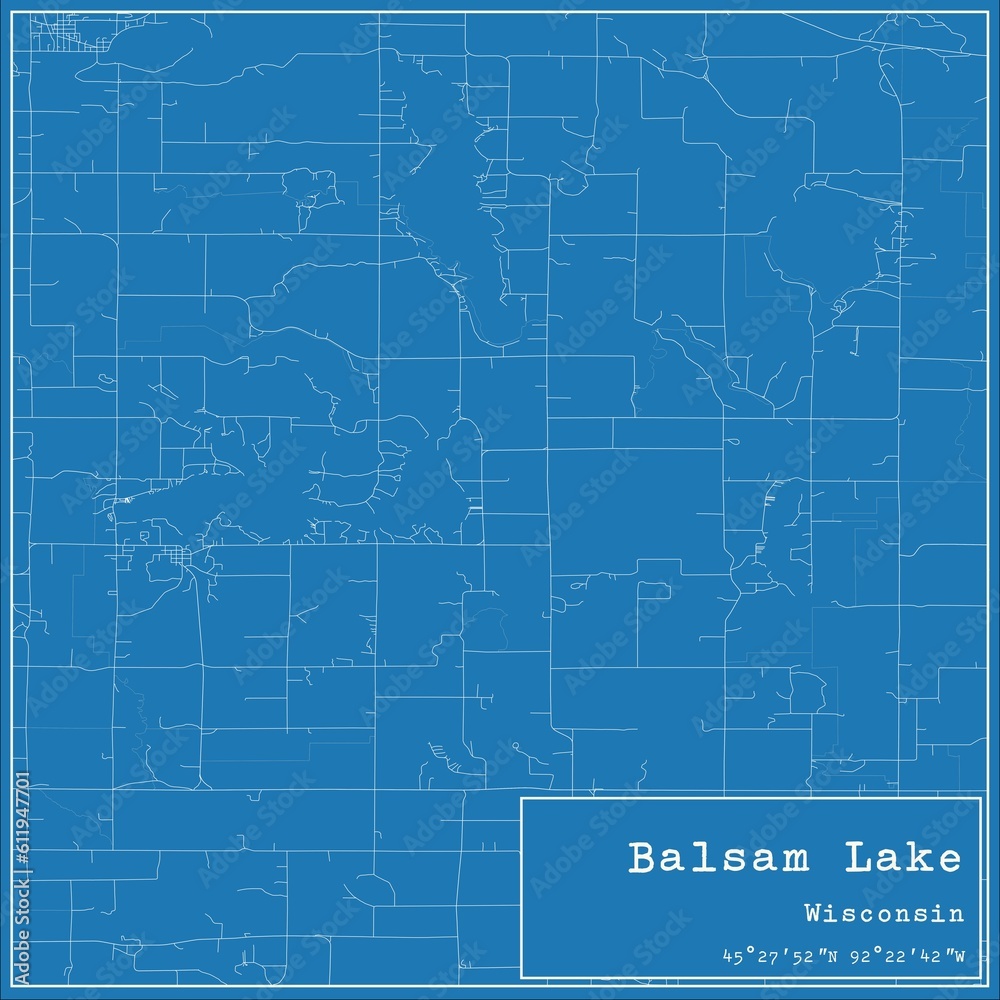 Blueprint US city map of Balsam Lake, Wisconsin.