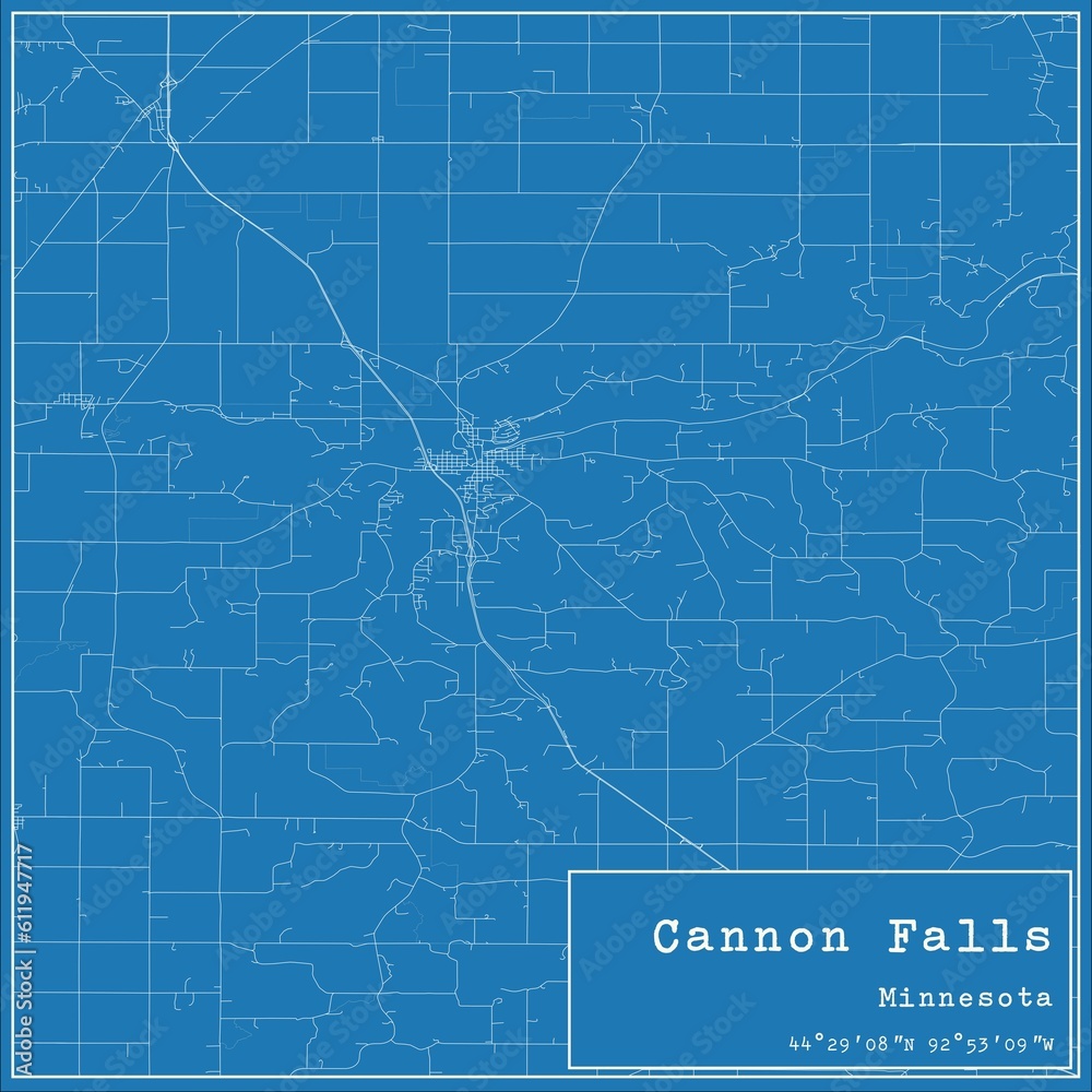 Blueprint US city map of Cannon Falls, Minnesota.