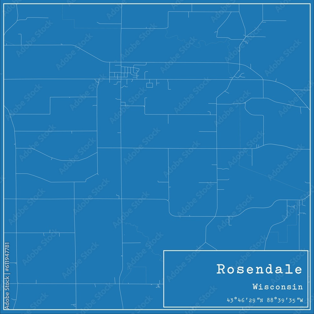 Blueprint US city map of Rosendale, Wisconsin.