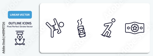 sports outline icons set. sports thin line icons pack included wushu, drift car, ice skating, champion belt vector.