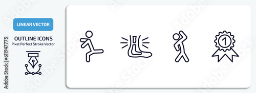 sports outline icons set. sports thin line icons pack included dancer motion, sprained ankle, aerobics, golden medal vector.