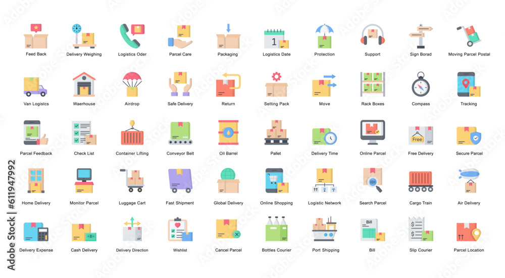 Logistic Flat Icons Logistics Shipping Delivery Color Iconset 50 Vector Icons