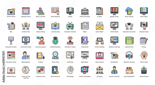 Learning Line Color Iconset Education Graduation Book Filled Outline Icon Bundle