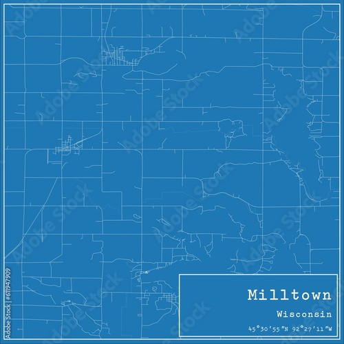 Blueprint US city map of Milltown, Wisconsin.