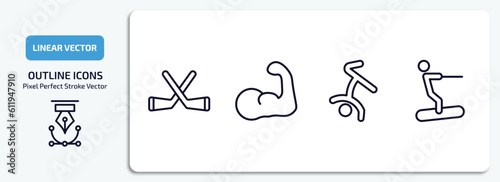 sports outline icons set. sports thin line icons pack included hockey, muscle, breakdancing dancer, water ski vector.