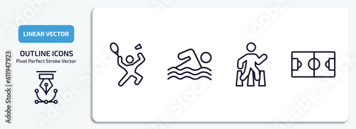 sport outline icons set. sport thin line icons pack included man playing badminton, swimming, pedestrian walking, soccer field vector.