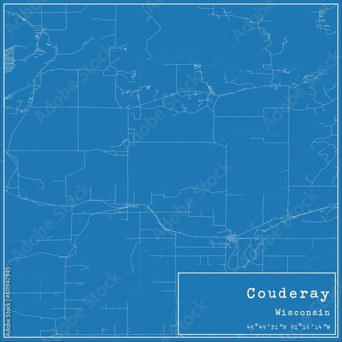 Blueprint US city map of Couderay, Wisconsin.