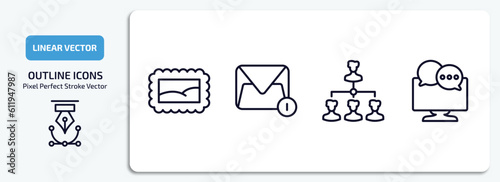 social media marketing outline icons set. social media marketing thin line icons pack included post stamp, message, path, mass media vector.