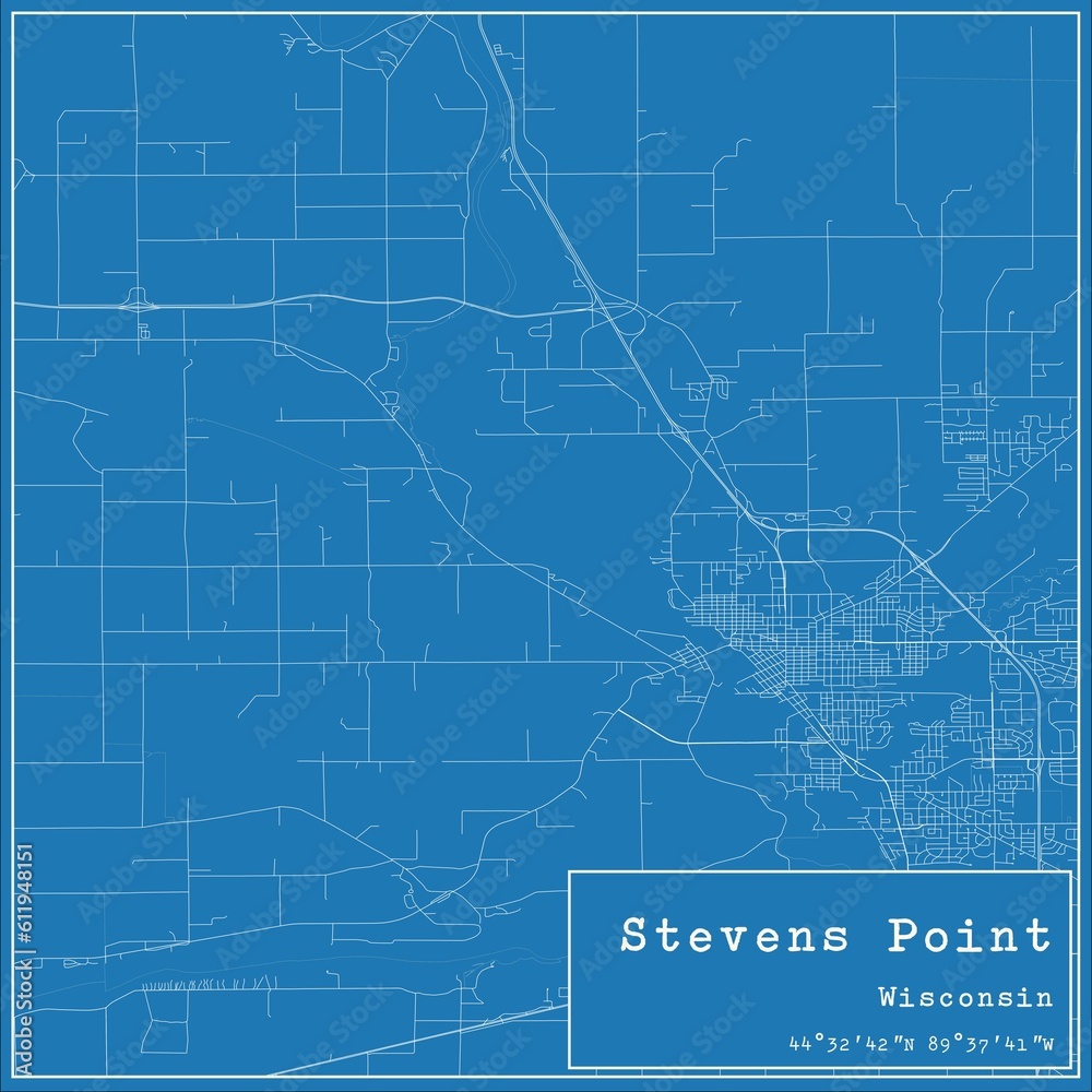 Blueprint US city map of Stevens Point, Wisconsin.