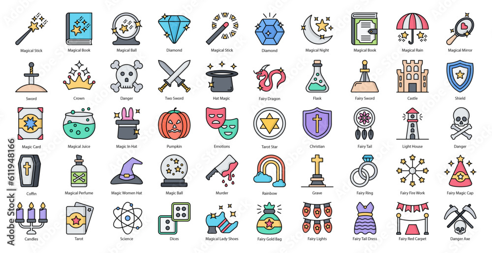 Magic & Fairy Line Color Icons Witch Wizard Icon Set in Filled Outline Style 50 Vector Icons Magic & Fairy Line Color Icons Witch Wizard Icon Set in Filled Outline Style 50 Vector Icons