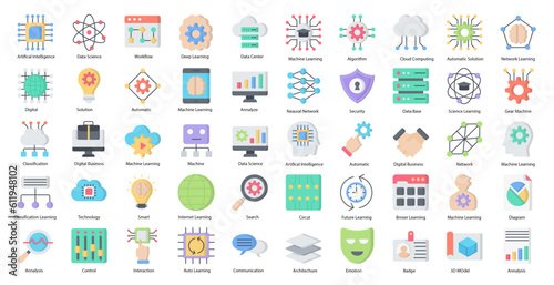 Machine Learning Flat Icons Artificial Intelligence Icon Set in Color Style 50 Vector Icons