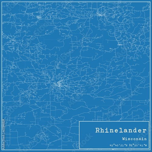 Blueprint US city map of Rhinelander, Wisconsin. photo