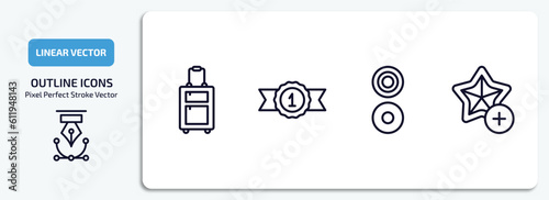 signs outline icons set. signs thin line icons pack included suitcase, class reward, reason, favourite star vector.