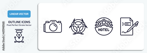 signs outline icons set. signs thin line icons pack included camera, radioactive elements, round hotel, vector.