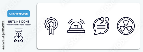 signs outline icons set. signs thin line icons pack included premium badge, alarm, quotes, radioactive vector.