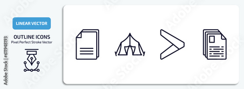 signs outline icons set. signs thin line icons pack included copying, tent, is greater than, text documents vector.