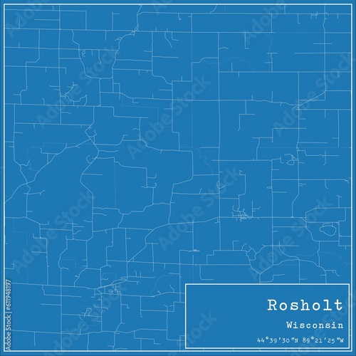Blueprint US city map of Rosholt, Wisconsin.