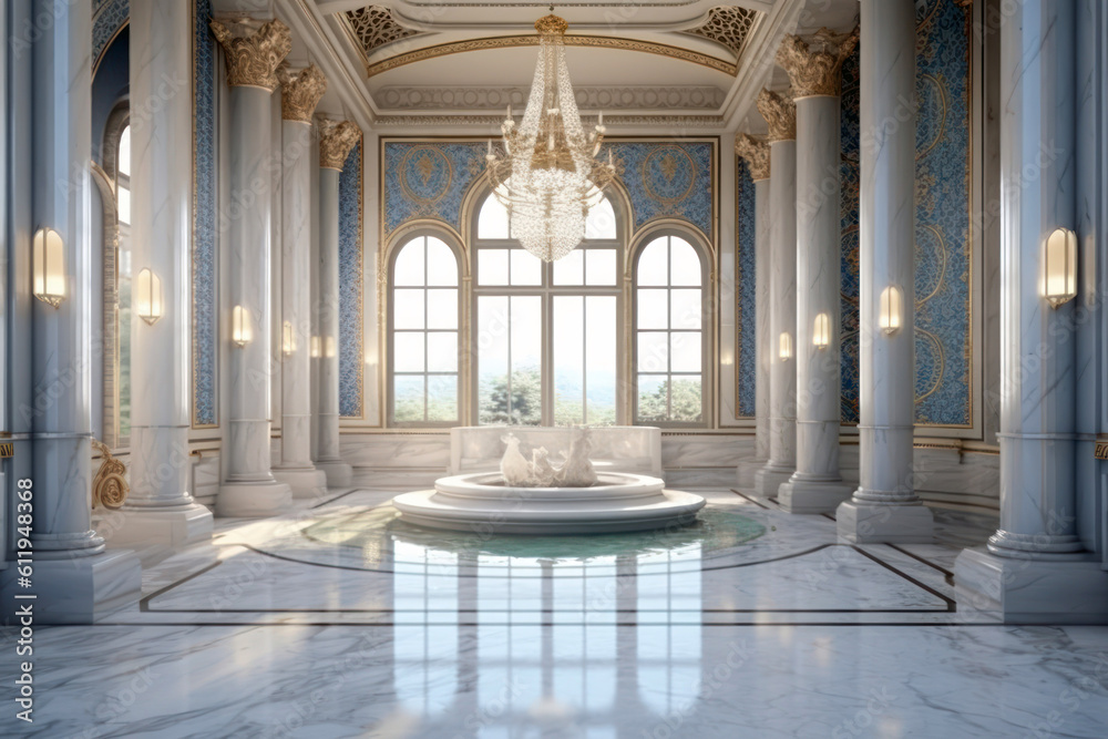Turkish bath interior, luxury architecture marble wall and floor. Generative AI