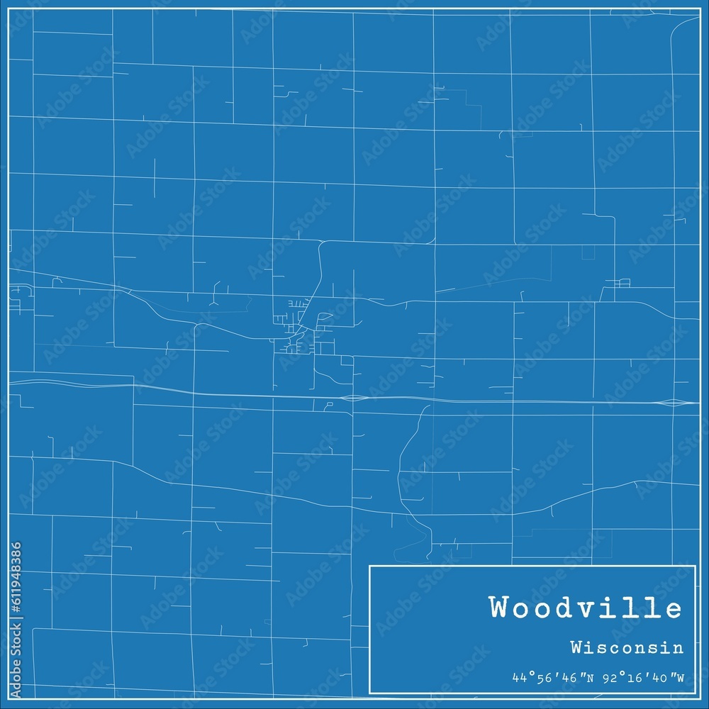 Blueprint US city map of Woodville, Wisconsin.