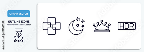 shapes outline icons set. shapes thin line icons pack included four squares, clear night, prince crown, hdr vector.