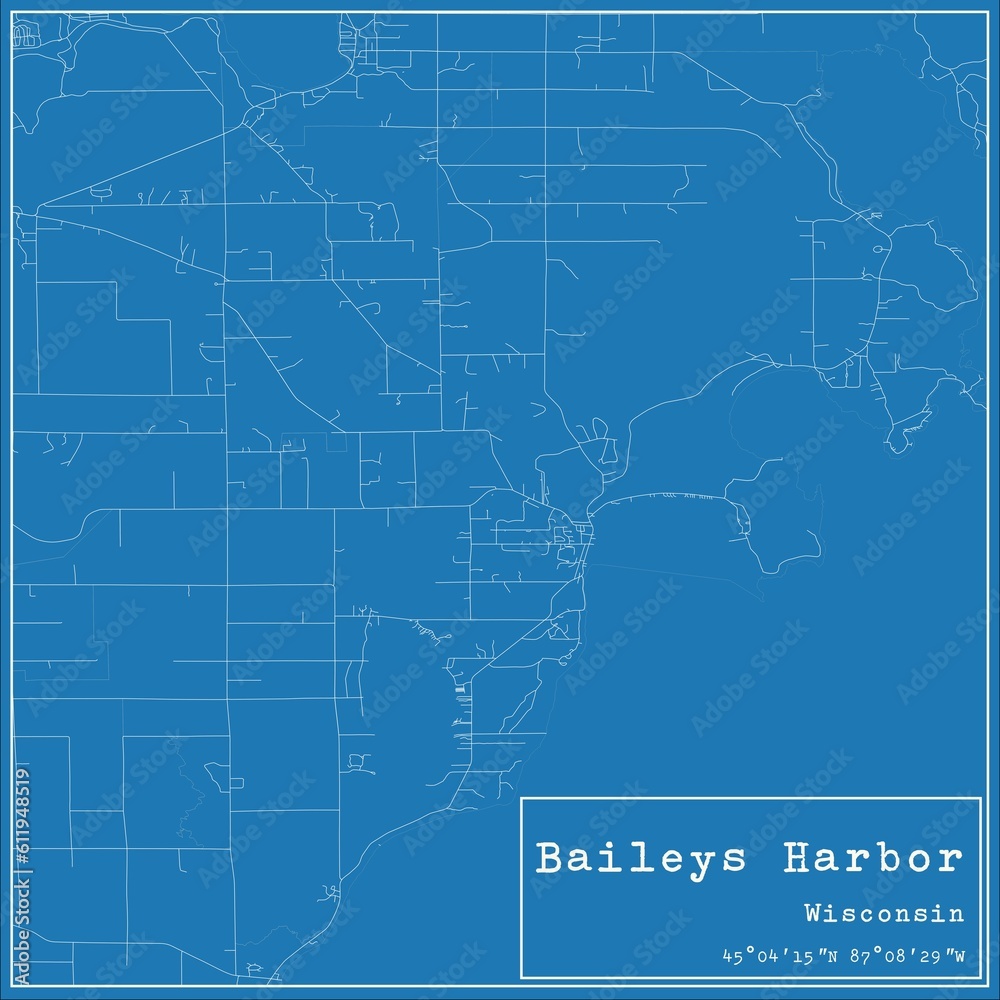 Blueprint US city map of Baileys Harbor, Wisconsin.