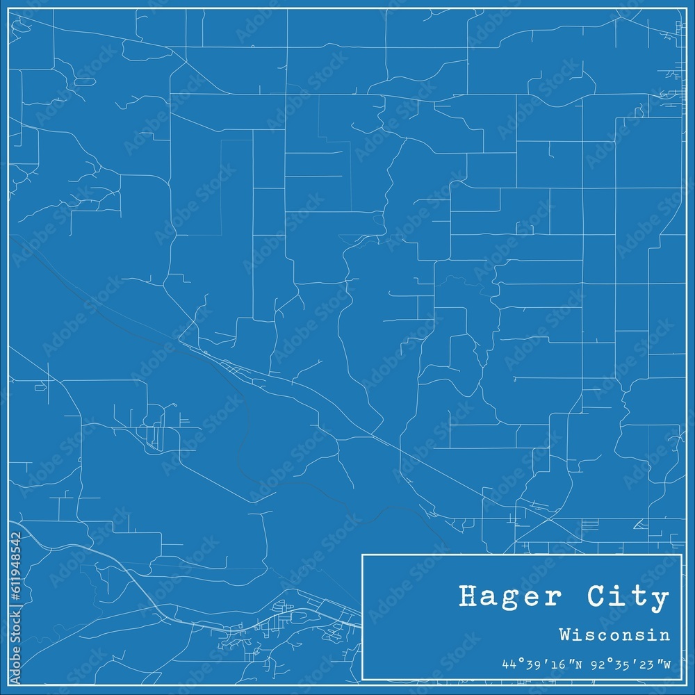 Blueprint US city map of Hager City, Wisconsin.