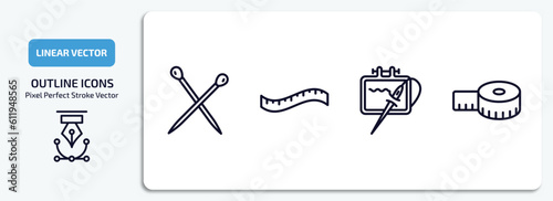 sew outline icons set. sew thin line icons pack included pins, measuring tape, needlework, tape vector.