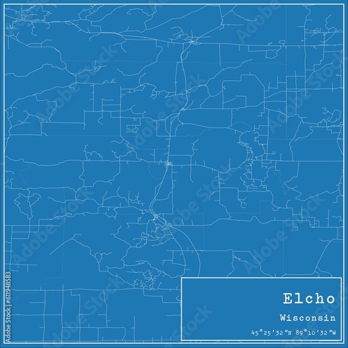 Blueprint US city map of Elcho, Wisconsin.
