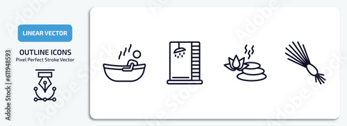 sauna outline icons set. sauna thin line icons pack included 2steam bath, luxury shower, well-being, birching vector. photo