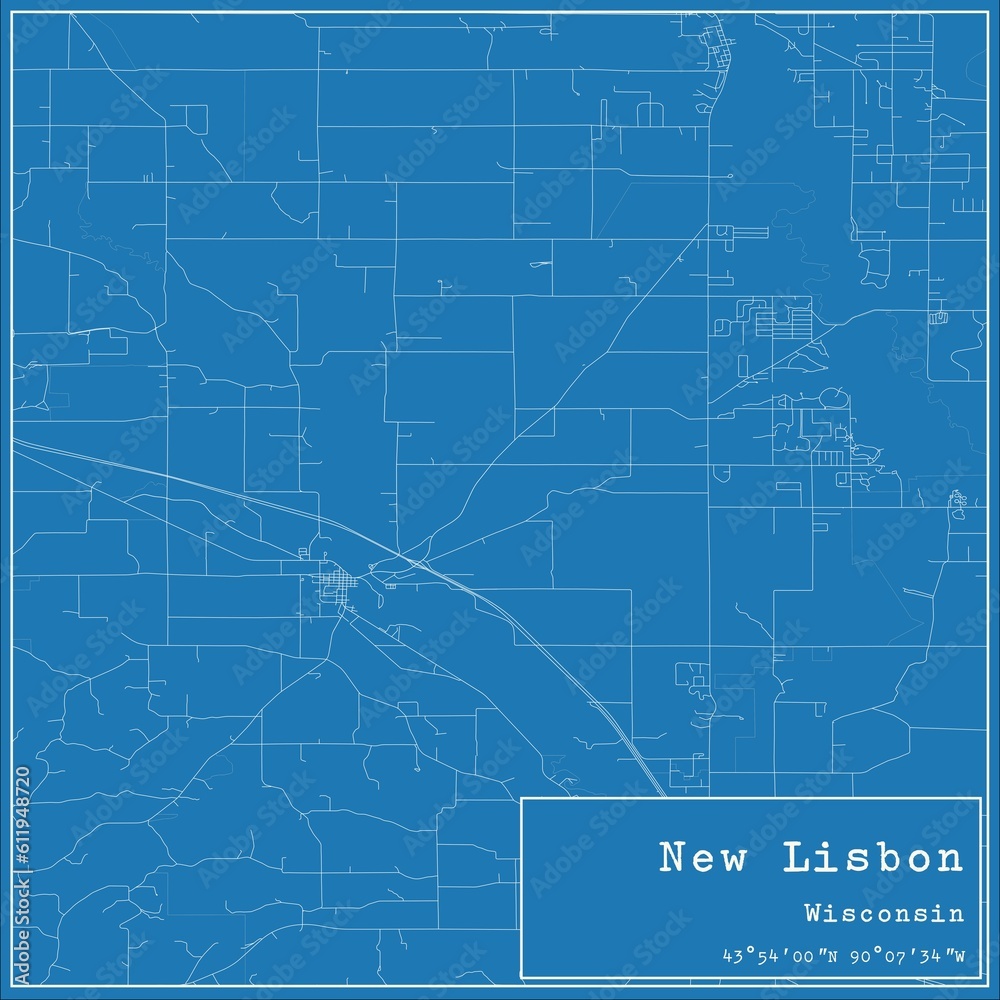 Blueprint US city map of New Lisbon, Wisconsin.