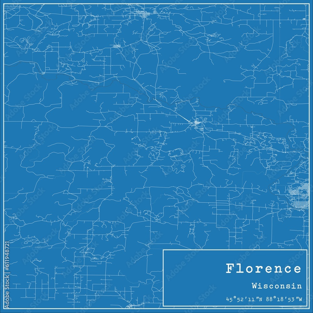 Blueprint US city map of Florence, Wisconsin.