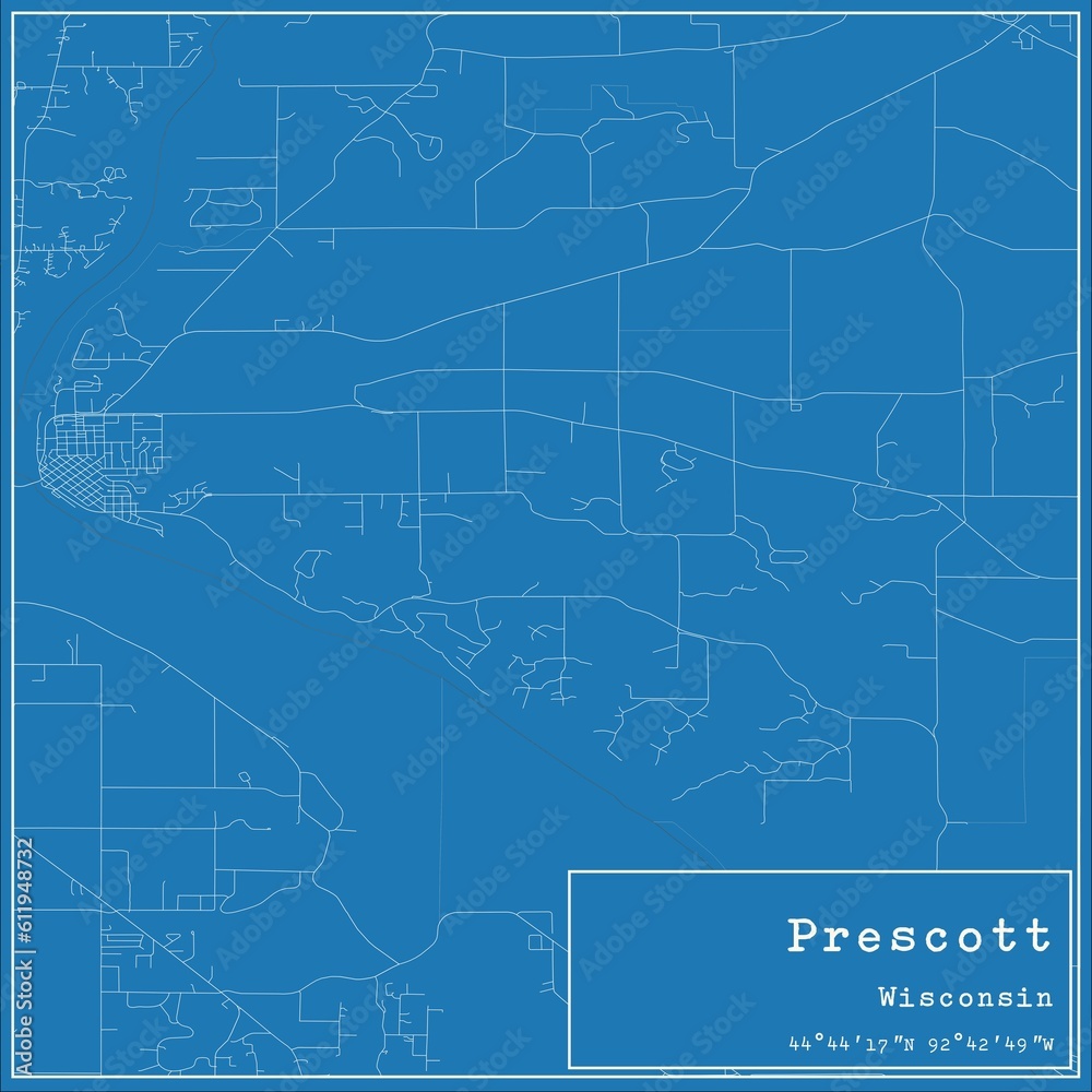 Blueprint US city map of Prescott, Wisconsin.