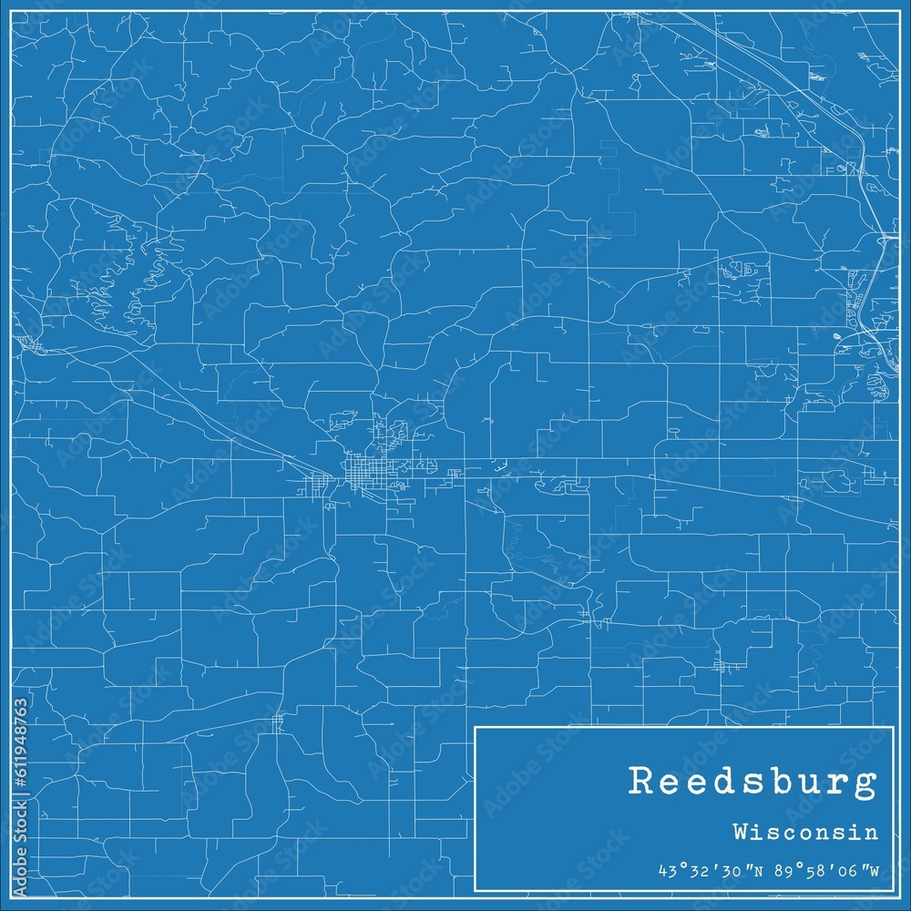 Blueprint US city map of Reedsburg, Wisconsin.