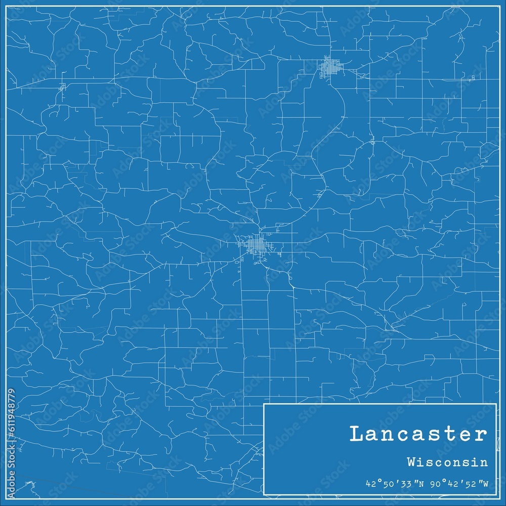 Blueprint US city map of Lancaster, Wisconsin.