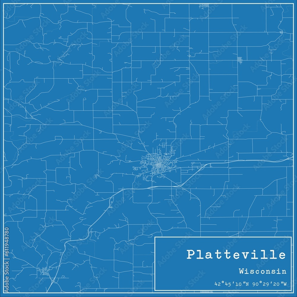 Blueprint US city map of Platteville, Wisconsin.