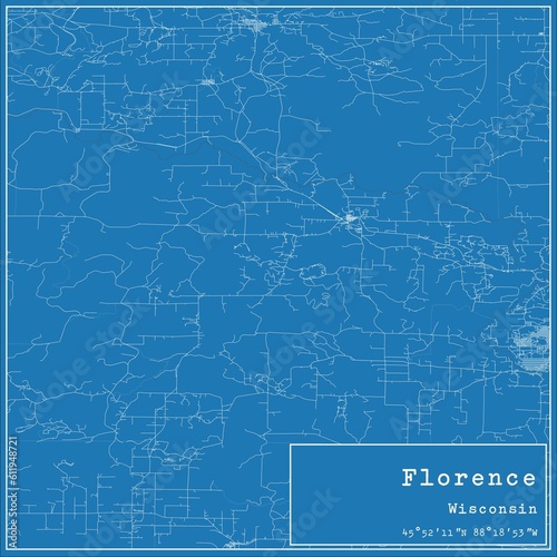 Blueprint US city map of Florence, Wisconsin.