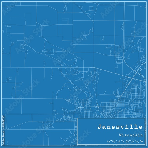 Blueprint US city map of Janesville, Wisconsin.