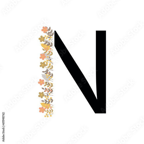 the letter N. vector drawing. the alphabet is English. a letter with flowers. partial bouquet with letters. on a white background. EPS 10.