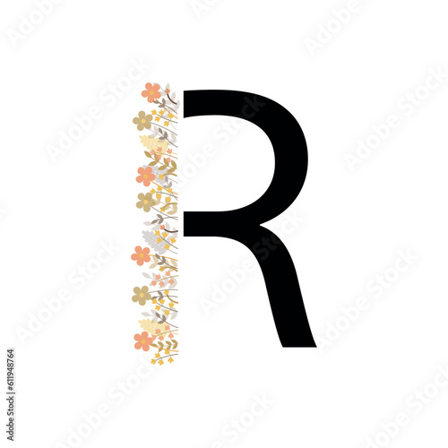 the letter R. vector drawing. the alphabet is English. a letter with flowers. partial bouquet with letters. on a white background. EPS 10.