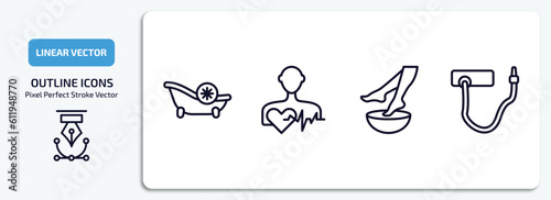 sauna outline icons set. sauna thin line icons pack included snow paradise, cardiovascular system, foot bath, kneipp hose vector.