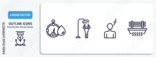 sauna outline icons set. sauna thin line icons pack included hygrometer, dousing shower, body heat gain, brine cabin vector.